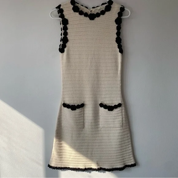 Doen Millicent Pima Cotton Knit Pocket Trim Sleeveless Mini Dress Cream Black